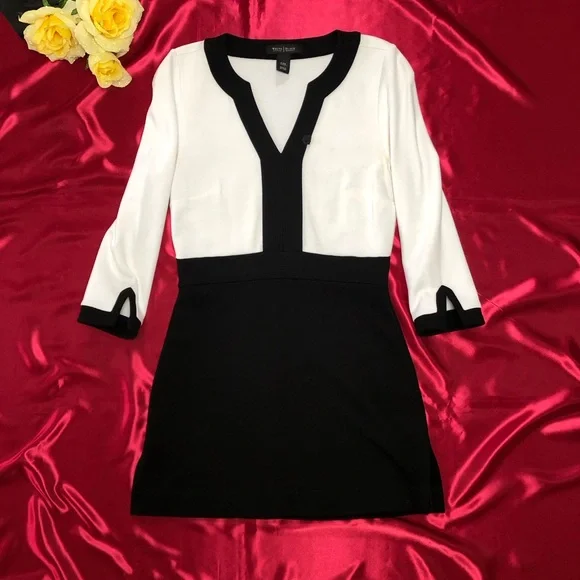 White House Black Market (WHBM) Black & White Ponte 3/4 Sleeve Tunic Top - Picture 3 of 11